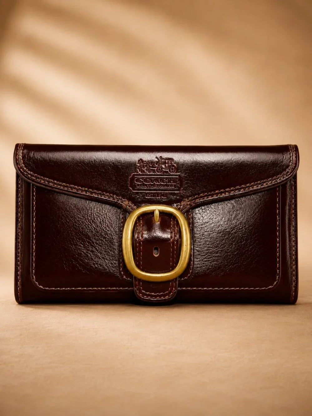 COACH Bleecker Tattersall Vintage Buckle Flap Brown Leather Wallet - Picture 14 of 16
